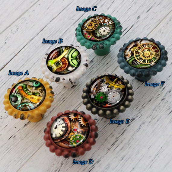 Mechanical Gear Drawer Knobs Antique Copper Crystal Dresser Etsy