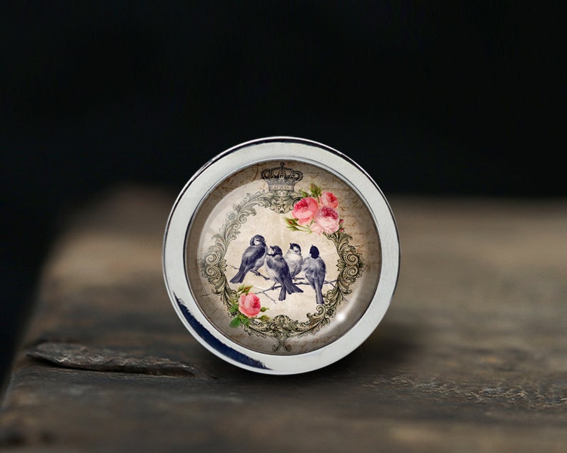 May include: A silver knob with a round, glass top featuring a vintage design of birds and flowers. The design includes a crown and the word "GRACE".