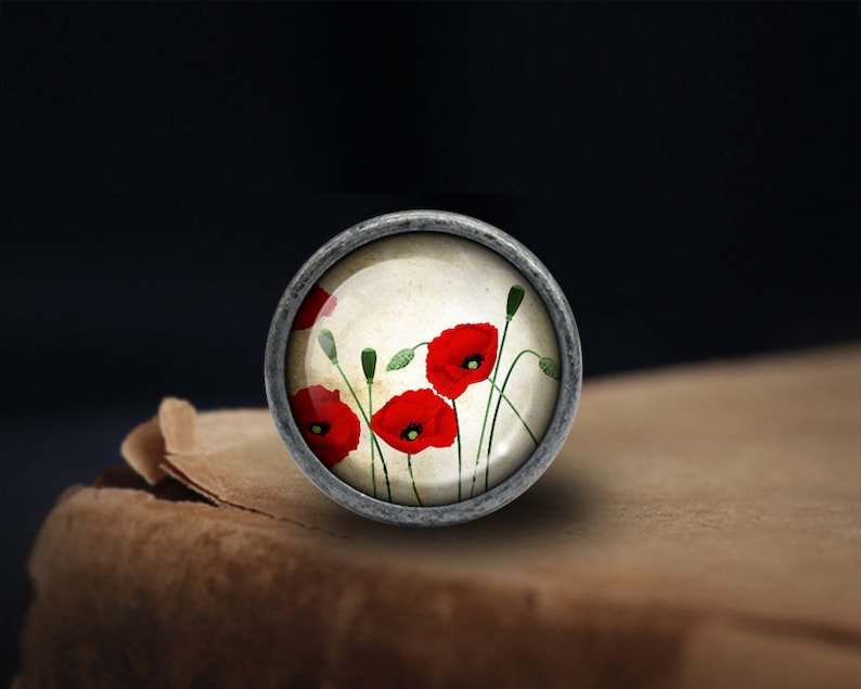 May include: A silver-toned round charm with a glass cabochon featuring a vintage-style illustration of red poppies on a cream background.