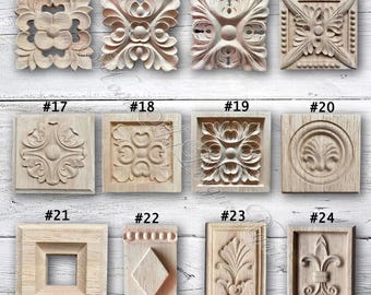 1 Piece Square Rectangle Rosettes Applique Onlay, Unpainted Wood Carved Applique Onlay,Furniture Carving Supplies,decals,Corner flower MT6-1