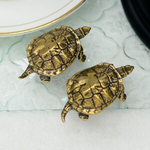 May include: Two small gold-colored turtle figurines. The turtles are facing the same direction, with their heads and legs visible. The turtles have a detailed, textured shell.