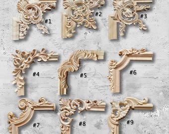 1 Piece Unpainted Wood Carved Corner Applique Onlay, Home Wall Corners Embellishments, Furniture Carving Art Decor,Decals,Corner flower MT38