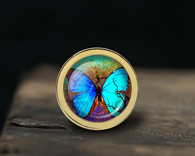 Op de afbeelding: Een ronde, goudkleurige knop met een glazen inzetstuk met een kleurrijke vlinder met blauwe, paarse en oranje vleugels tegen een bruine en gouden achtergrond.