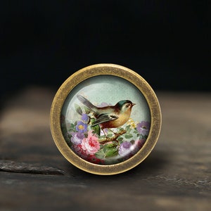 K&ouml;nnte beinhalten: Ein Messingknopf mit einer runden Glasplatte, die eine Vintage-Illustration eines Vogels zeigt, der auf einem Zweig mit rosa, lila und wei&szlig;en Blumen sitzt.