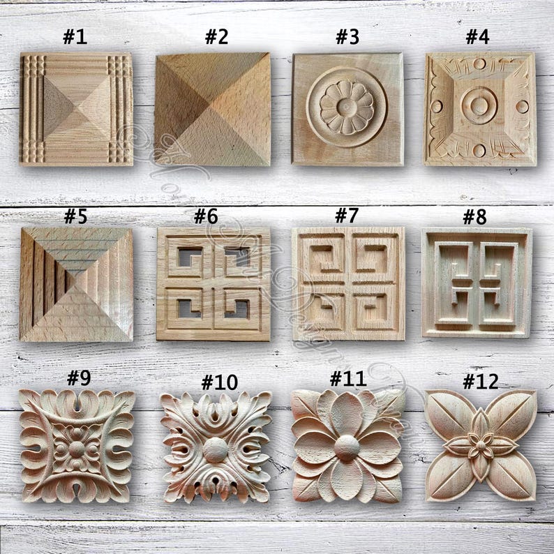 1 Piece Square Rectangle Rosettes Applique Onlay, Unpainted Wood Carved Applique Onlay, Furniture Carving Supplies,decals,Corner flowers MT6 image 1