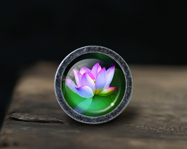K&ouml;nnte beinhalten: Ein runder, silberfarbener Schrank-Knopf mit einem Glaseinsatz, der eine rosa und violette Lotusblume auf gr&uuml;nem Hintergrund zeigt.