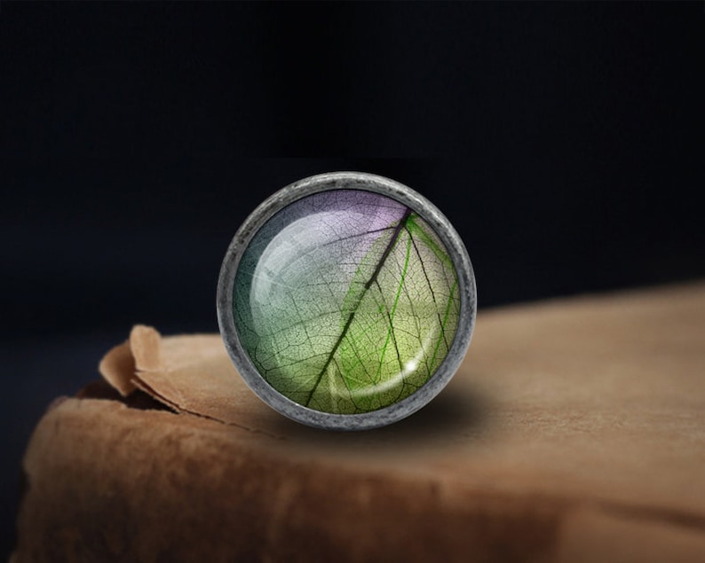 May include: A silver-toned round pendant with a clear glass dome featuring a pressed leaf with green and purple hues.