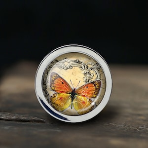 May include: A silver knob with a round glass insert featuring a vintage illustration of an orange and yellow butterfly on a cream background with ornate floral designs.