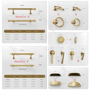 Puede incluir: Una colecci&oacute;n de herrajes para armarios en tono lat&oacute;n, que incluye tiradores, pomos y jaladeras. La imagen muestra varios dise&ntilde;os con medidas en mil&iacute;metros y gramos. Los estilos incluyen tiradores de barra, tiradores de anillo y tiradores de copa.