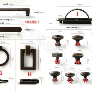 K&ouml;nnte beinhalten: Eine Auswahl an bronzefarbener Schrankbeschl&auml;ge, darunter Griffe, Kn&ouml;pfe und Griffe. Das Bild zeigt verschiedene Formen und Gr&ouml;&szlig;en, mit Ma&szlig;en in Millimetern. Der Text "Handle F" ist sichtbar.