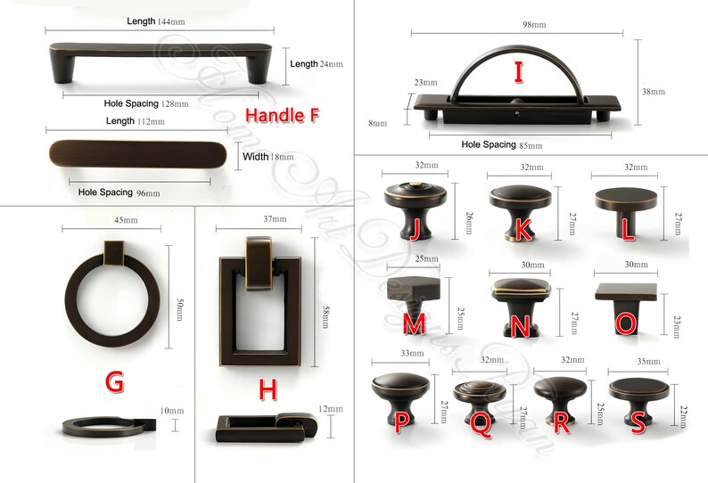 K&ouml;nnte beinhalten: Eine Auswahl an bronzefarbener Schrankbeschl&auml;ge, darunter Griffe, Kn&ouml;pfe und Griffe. Das Bild zeigt verschiedene Formen und Gr&ouml;&szlig;en, mit Ma&szlig;en in Millimetern. Der Text "Handle F" ist sichtbar.
