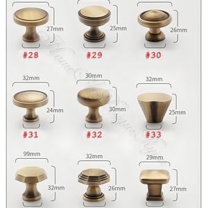 May include: A range of bronze cabinet knobs in different styles. Measurements are in millimeters, with the largest knob being 99mm wide. The knobs feature diverse shapes, including round, conical, and octagonal designs, suitable for various furniture.