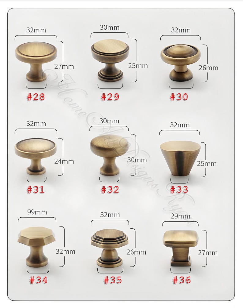 May include: A range of bronze cabinet knobs in different styles. Measurements are in millimeters, with the largest knob being 99mm wide. The knobs feature diverse shapes, including round, conical, and octagonal designs, suitable for various furniture.