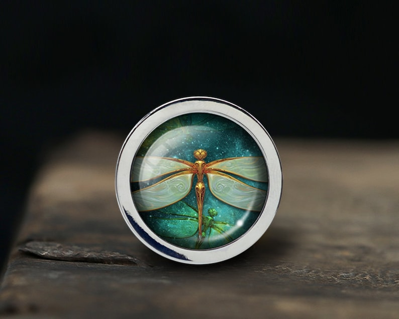 May include: A silver ring with a round, clear glass cabochon featuring a detailed dragonfly with gold accents on a green and blue background.