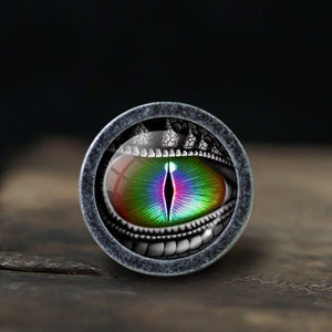 May include: A silver-colored round pendant with a detailed image of a dragon's eye. The eye is green, blue, and purple with a black pupil.