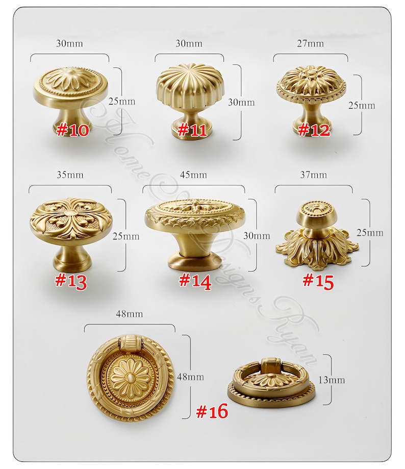 May include: A selection of gold-toned cabinet knobs and pulls in diverse designs. Measurements are in millimeters. Styles include round, floral, and geometric patterns. Sizes vary from 2.7cm to 4.8cm in width.