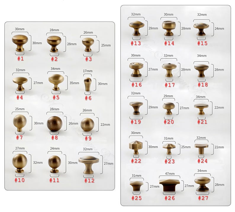 May include: A selection of antique brass cabinet knobs in diverse styles, each numbered and with measurements in millimeters. The knobs vary in shape, from spherical to mushroom, with sizes ranging from 17mm to 34mm.