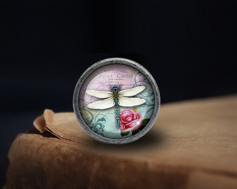 K&ouml;nnte beinhalten: Ein runder silberfarbener Knopf mit einem Glaseinsatz, der ein Vintage-Postkarten-Design zeigt. Die Postkarte hat einen rosafarbenen Hintergrund mit einer wei&szlig;en Libelle und einer rosafarbenen Rose. Der Text auf der Postkarte lautet "Souvenir Post Card".