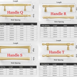 May include: Gold-toned cabinet hardware, including handles labeled Q, R, S, and T, with detailed measurements for hole spacing, length, width, and height in millimeters. Ideal for furniture and cabinet upgrades.