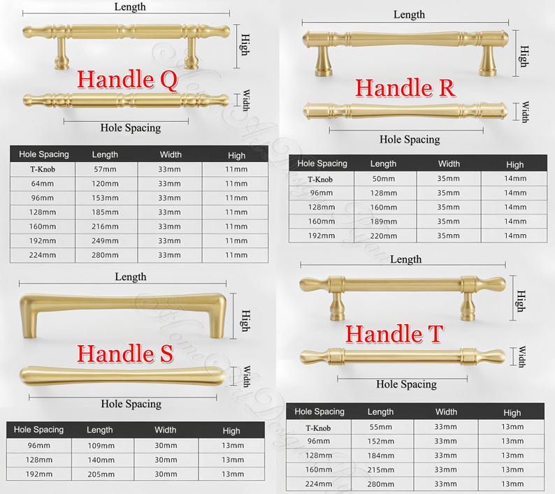 May include: Gold-toned cabinet hardware, including handles labeled Q, R, S, and T, with detailed measurements for hole spacing, length, width, and height in millimeters. Ideal for furniture and cabinet upgrades.