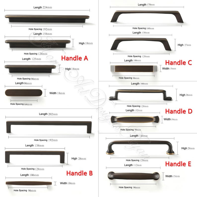 K&ouml;nnte beinhalten: Ein Diagramm mit verschiedenen bronzefarbenen Schrankgriffen mit Abmessungen in Millimetern. Die Griffe variieren in Form und Gr&ouml;&szlig;e, einschlie&szlig;lich Stangen-, gebogenen und Knopfstilen. Das Bild enth&auml;lt Etiketten f&uuml;r die Griffarten A, B, C, D und E mit Messungen f&uuml;r L&auml;nge, Lochabstand und H&ouml;he.
