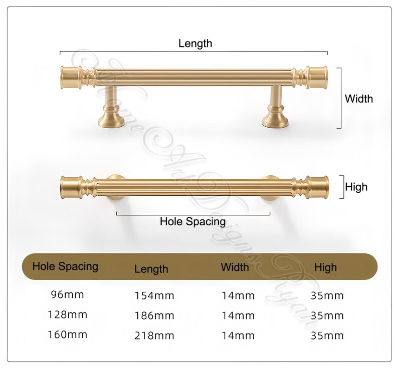 Puede incluir: Tiradores dorados para armarios con dise&ntilde;o acanalado. La imagen muestra dos tiradores, uno con asa y otro sin ella, junto con una tabla que detalla la distancia entre agujeros, la longitud, el ancho y la altura en mil&iacute;metros. Los tiradores miden 15,4 cm, 18,6 cm y 21,8 cm de largo.