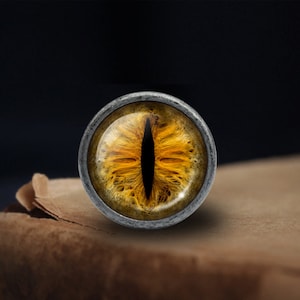 Op de afbeelding: Een ronde, zilverkleurige knoop met een geel oogontwerp. Het oog heeft een zwarte pupil en een gele iris met een gedetailleerd patroon.