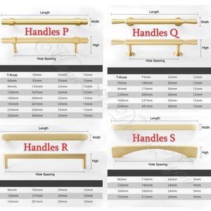 Puede incluir: Imagen de producto que muestra varios tiradores dorados para armarios, etiquetados P, Q, R y S. Cada estilo de tirador se muestra con dimensiones, incluyendo longitud, espaciado de agujeros, ancho y altura, en mil&iacute;metros.