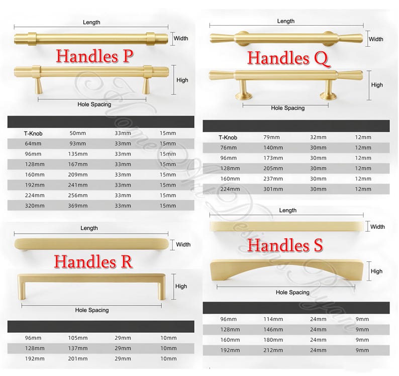 Puede incluir: Imagen de producto que muestra varios tiradores dorados para armarios, etiquetados P, Q, R y S. Cada estilo de tirador se muestra con dimensiones, incluyendo longitud, espaciado de agujeros, ancho y altura, en mil&iacute;metros.