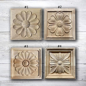 1 stuk vierkante rozetten op appliqué, ongeverfd hout gesneden op appliqué appliqué, benodigdheden voor het snijden van meubels, houten stickers, hoekbloemen MT7