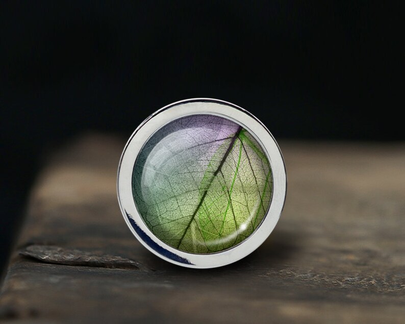 May include: A silver ring with a clear resin dome featuring a pressed leaf with green, purple, and white hues.