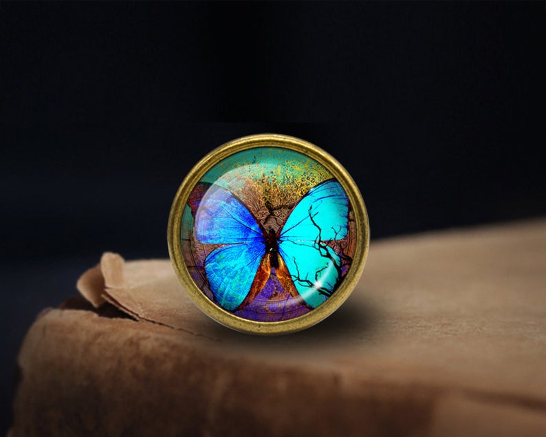 Op de afbeelding: Een ronde, messingkleurige, decoratieve knop met een glazen inzetstuk met een blauwe vlinder met paarse en groene accenten op een bruine en gouden achtergrond.