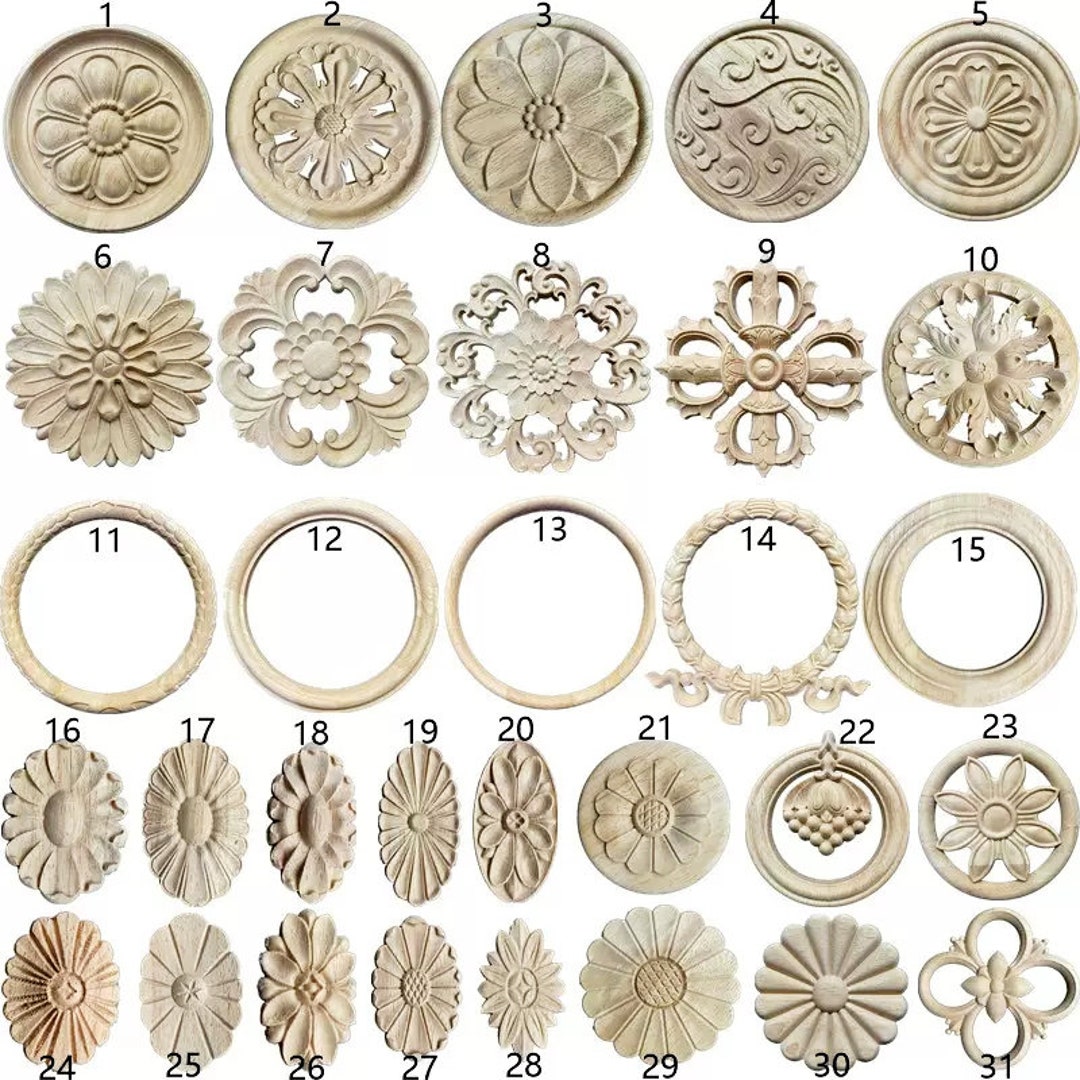 1 Piece Round Oval Rosettes Applique Onlay, Unpainted Wood Carved ...