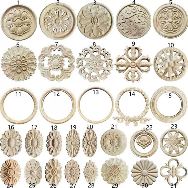 1 pièce ronde ovale rosettes Applique Onlay, bois non peint sculpté Applique Onlay, fournitures de sculpture de meubles, MT4