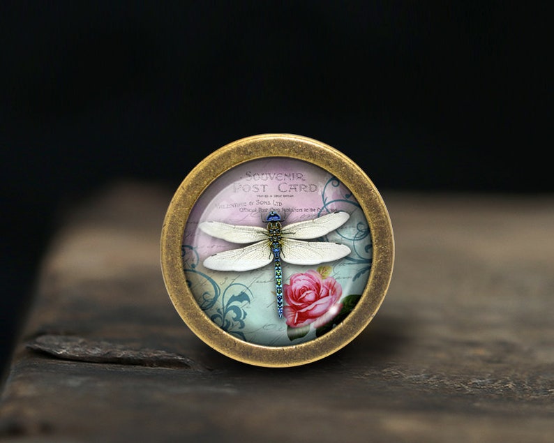 K&ouml;nnte beinhalten: Ein runder Anh&auml;nger aus Messing mit einer Glaskuppel, die ein Postkartenmotiv im Vintage-Stil zeigt. Die Postkarte zeigt eine Libelle mit blauen Fl&uuml;geln und eine rosa Rose. Der Text auf der Postkarte lautet "Souvenir Post Card".