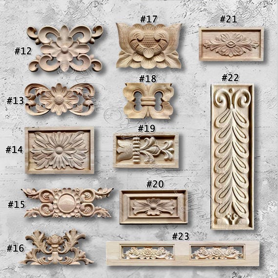 1PC Wood Floral Carved Applique – Unpainted Onlay Decal For Furniture Decor