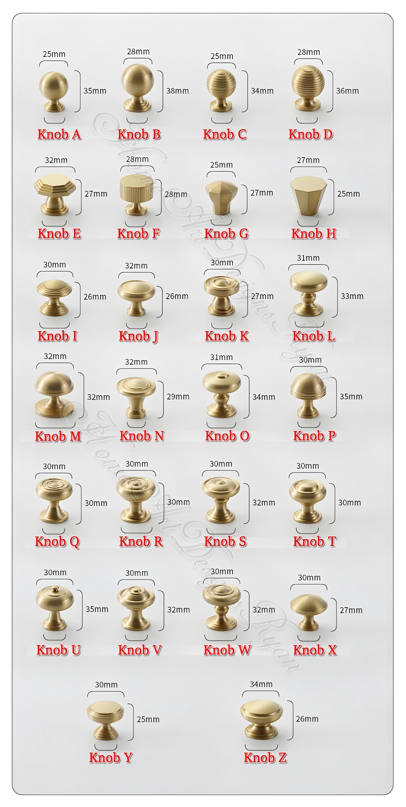 Puede incluir: Una variedad de pomos de armario de lat&oacute;n, cada uno etiquetado con una letra y dimensiones en mil&iacute;metros. Los estilos incluyen dise&ntilde;os redondos, facetados y en forma de hongo. Los pomos var&iacute;an en altura de 25 mm a 38 mm.