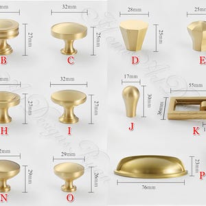 May include: A collection of brass cabinet knobs and pulls in various designs. Includes knobs with geometric shapes, rounded tops, and a rectangular pull. Measurements are in millimeters.