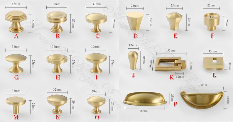 May include: A collection of brass cabinet knobs and pulls in various designs. Includes knobs with geometric shapes, rounded tops, and a rectangular pull. Measurements are in millimeters.