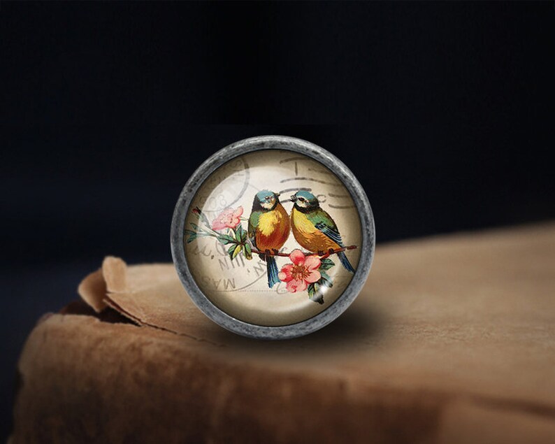 May include: A vintage-style glass cabochon with a silver-toned metal setting features a pair of bluebirds perched on a branch with pink flowers. The birds are yellow and blue with black eyes. The background is a vintage-style postcard with the text "MAY. N.Y.  N.M."