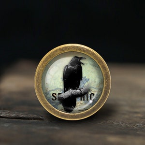 May include: A round, brass-colored, decorative knob with a glass insert featuring a black raven perched on a branch. The glass insert has a blue and white background with the word "SEPHIC" printed on it.