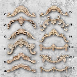 May include: Twelve intricately carved wooden decorative architectural elements are displayed. Each piece features a unique design, including floral and scroll motifs, and are numbered from #1 to #12. The carvings are set against a textured, light grey background.