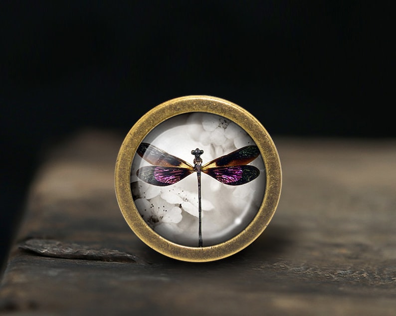 May include: A round, brass-colored pendant with a glass dome featuring a purple and black dragonfly on a white background.
