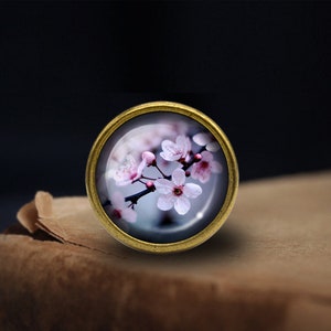 Pode incluir: Um alfinete redondo de metal dourado com uma cúpula de vidro que apresenta uma imagem em close-up de flores de cerejeira rosa.