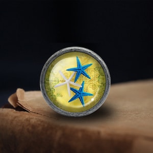 May include: A round, silver-coloured knob with a glass insert featuring a yellow background and two starfish. One starfish is white and the other is blue.
