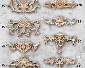 Unpainted Wood Carved Applique Onlay, Furniture Carving Supplies, Corner flowers,Furniture Decals,Applique Onlay, Wall wood decals MT17-2