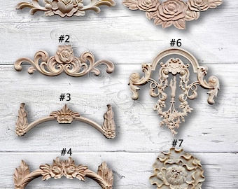 1 Stück unlackierte Holz geschnitzte Applikation Onlay, Haus Wand Verzierungen, Möbel Carving Art Decor, Holz Aufkleber, Eckblumen MT27