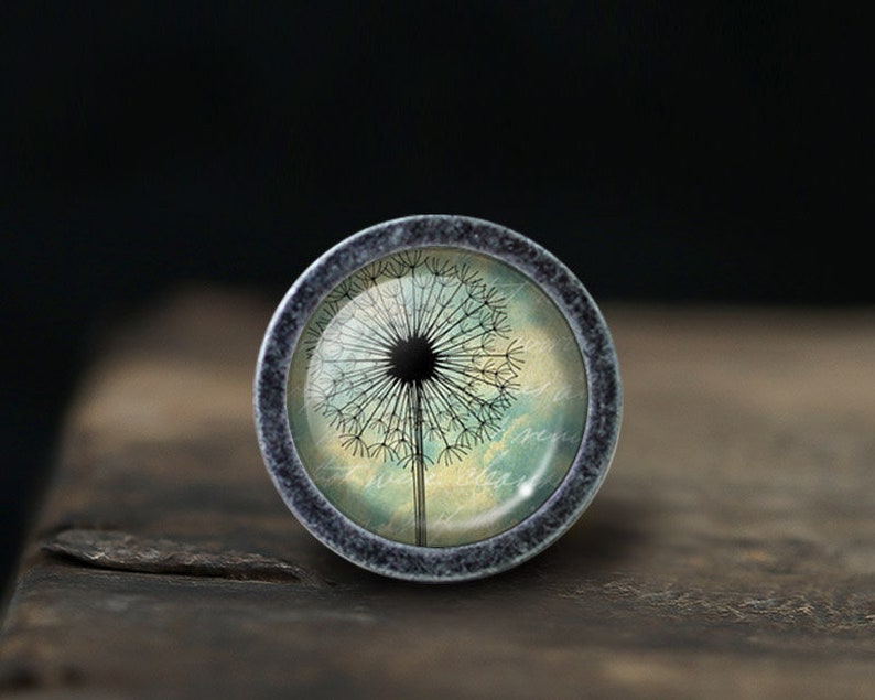 Op de afbeelding: Een ronde, zilverkleurige, decoratieve knop met een glazen inzetstuk met een blauwe en groene aquarel afbeelding van een paardenbloem.