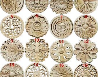 1 Piece Round Rosettes Applique Onlay, Unpainted Wood Carved Applique Onlay, Furniture Carving Supplies, MT1