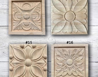 1 Piece Square Rosettes Applique Onlay, Unpainted Wood Carved Applique Onlay, Furniture Carving Supplies, Wood Decals,Corner flower MT7-4